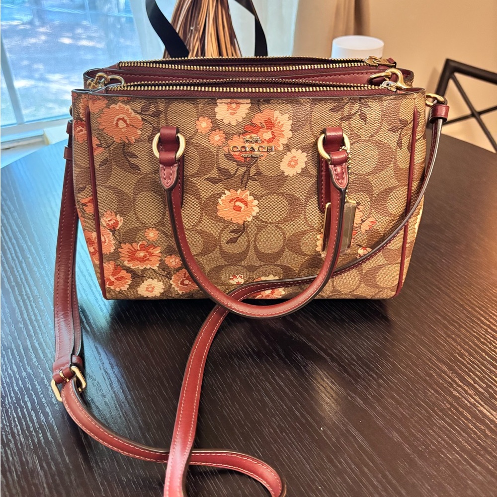 Coach Tan and Red Floral Satchel